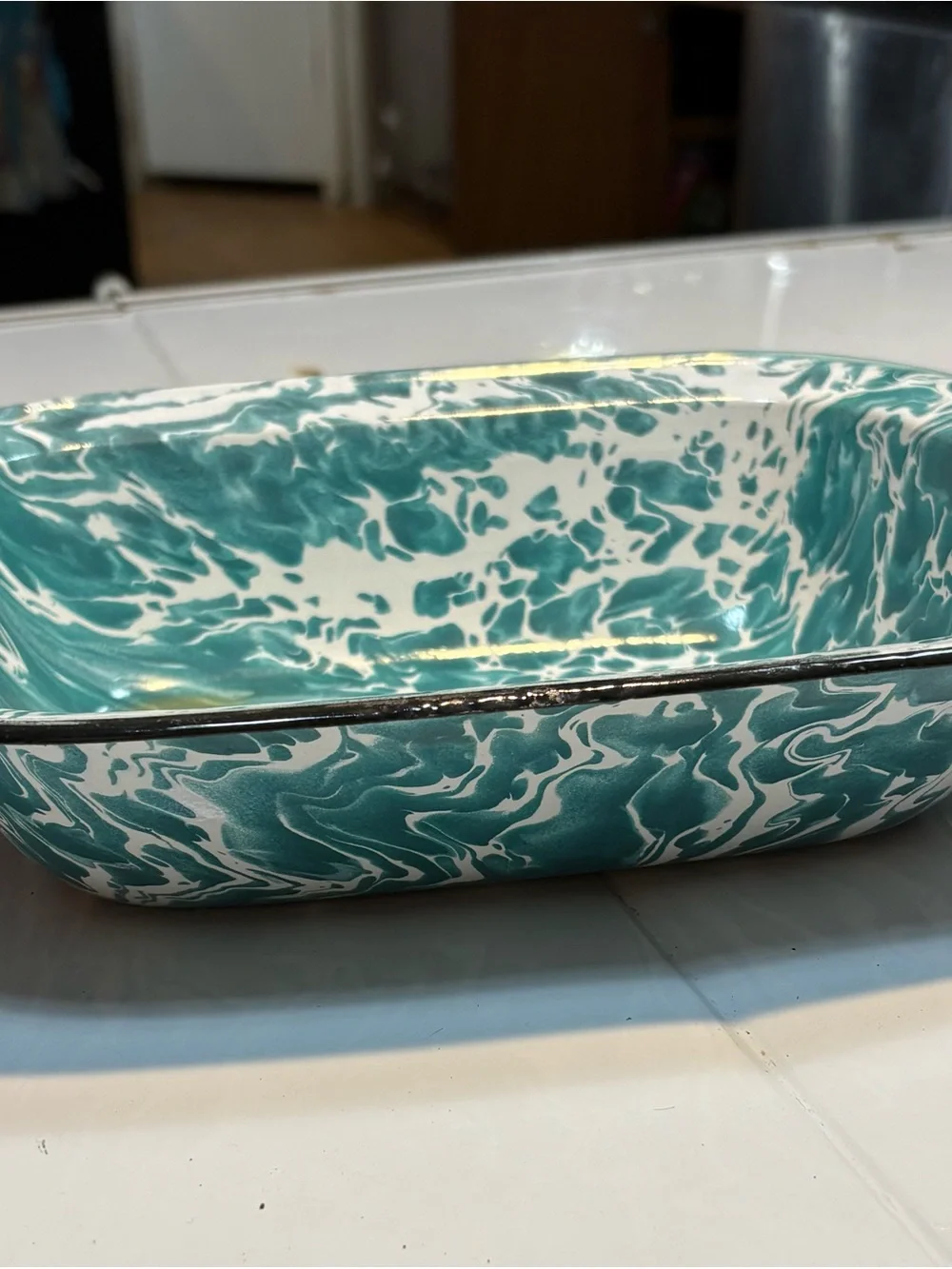 vintage rectangular enamelwear baking pan teal white swirl pattern